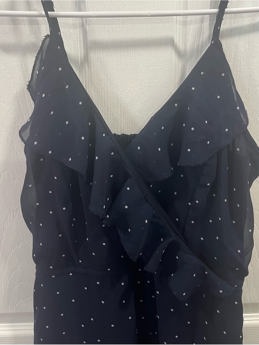 Japna Navy Polka Dot Ruffle Wrap Dress Women's L Sheer Tiered Mini - Picture 4 of 5